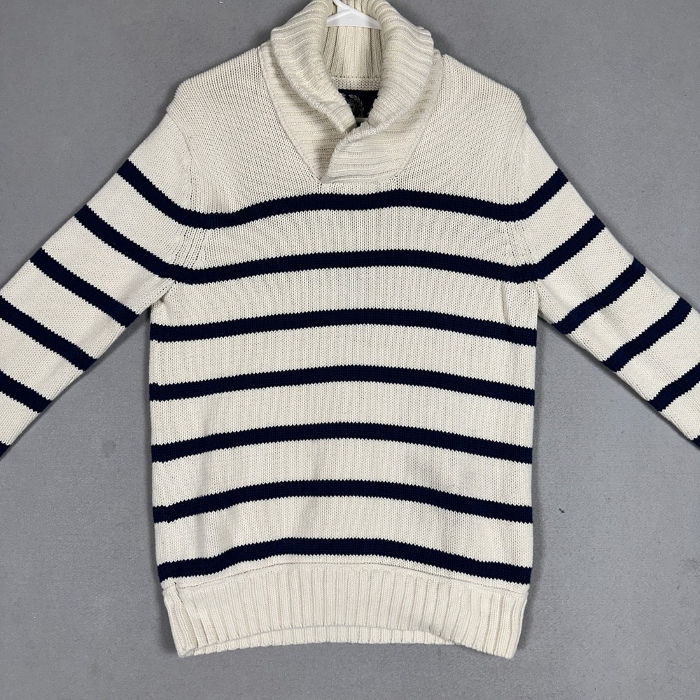 American Eagle Sweater Women Medium Shawl Collar Cream Navy Striped Pullover EUC